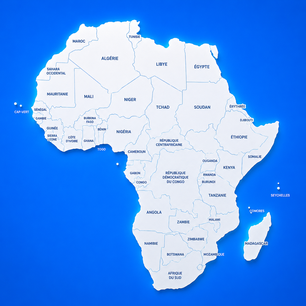 Carte politique de l'Afrique avec les pays couverts par RSI mis en évidence par des points jaunes